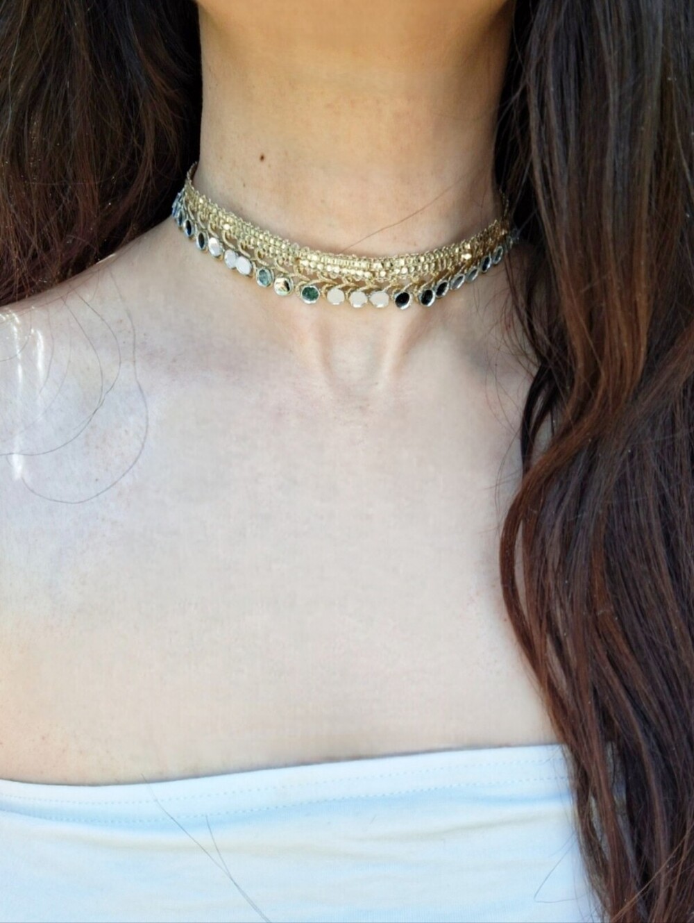 Handmade Gold Mirror Sequin Layered Choker Necklace Statement Minimal Boho Rave